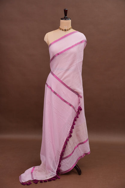 Mulmul Cotton Saree with Tassels - Baby Pink
