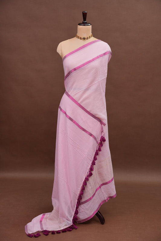 Mulmul Cotton Saree with Tassels - Baby Pink