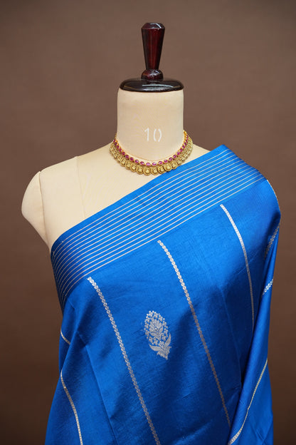 Pure Mango Silk Saree – Royal Blue with Silver-Gold Zari Motifs & Rich Gold Zari Pallu