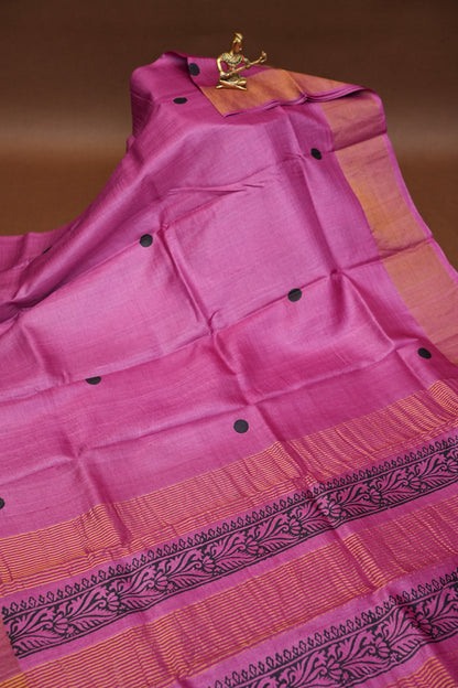 Geometric Patterned Pure Tussar Silk Saree-Pink|Silk Mark Certificate