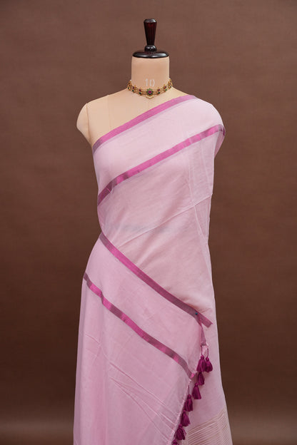 Mulmul Cotton Saree with Tassels - Baby Pink