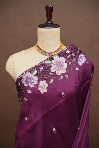 Party Wear Embroidered Soft Organza Saree – Wine Floral Elegance