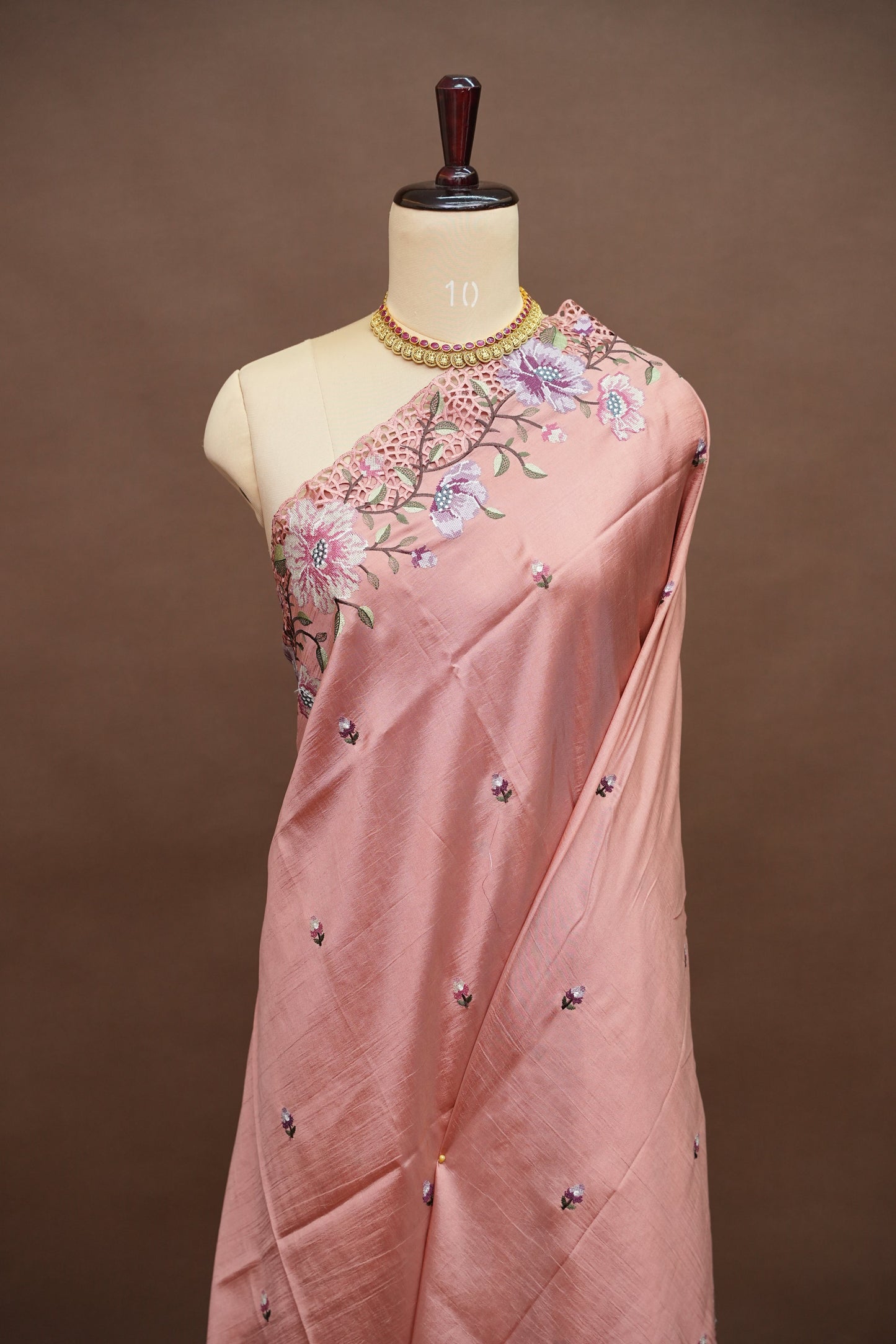 Party Wear Embroidered Soft Organza Saree – Blush Peach Floral Elegance