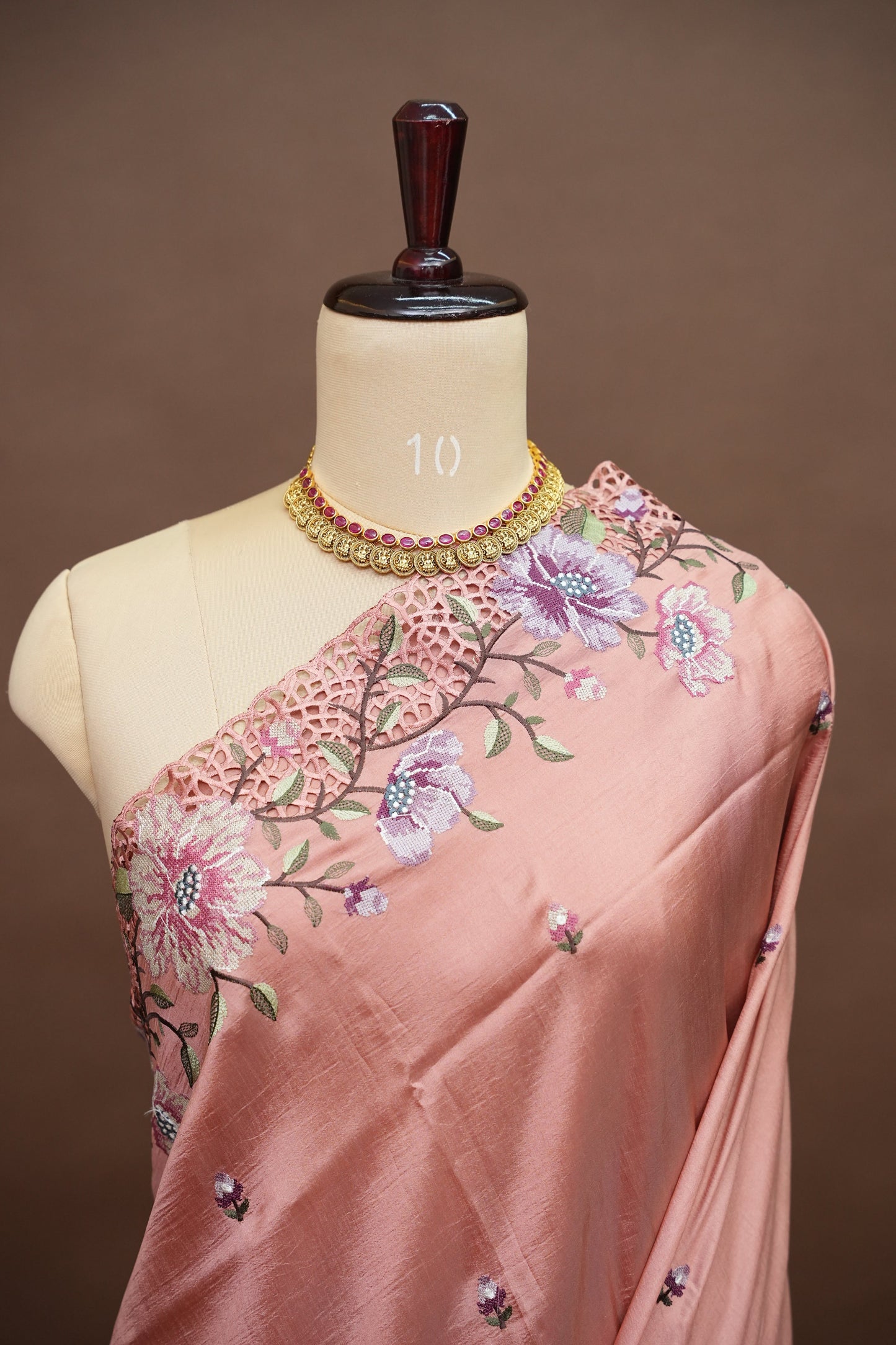 Party Wear Embroidered Soft Organza Saree – Blush Peach Floral Elegance