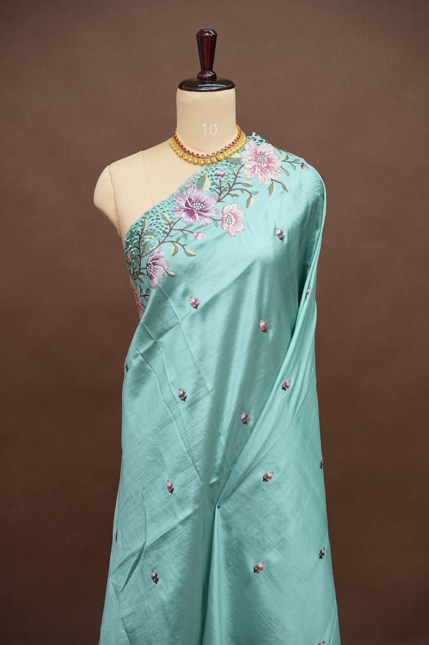 Party Wear Embroidered Soft Organza Saree– Aqua Mint Floral Elegance
