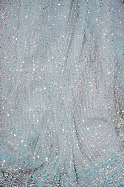 Party Wear Saree with All-Over Bead & Sequin Embellishments - Ice Blue