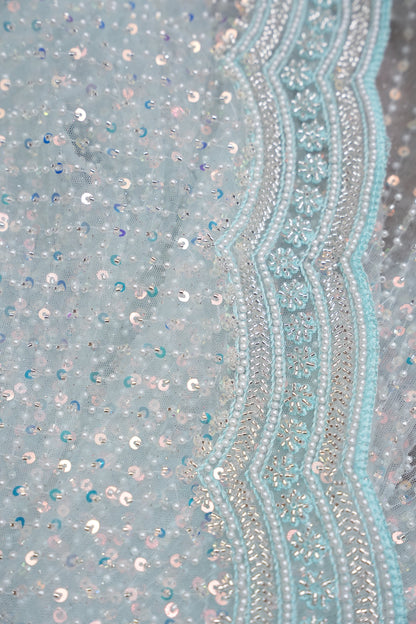 Party Wear Saree with All-Over Bead & Sequin Embellishments - Ice Blue
