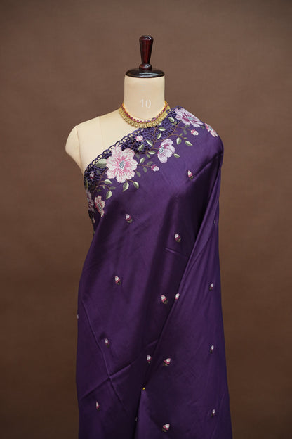 Party Wear Embroidered Soft Organza Saree – Royal Purple Floral Elegance
