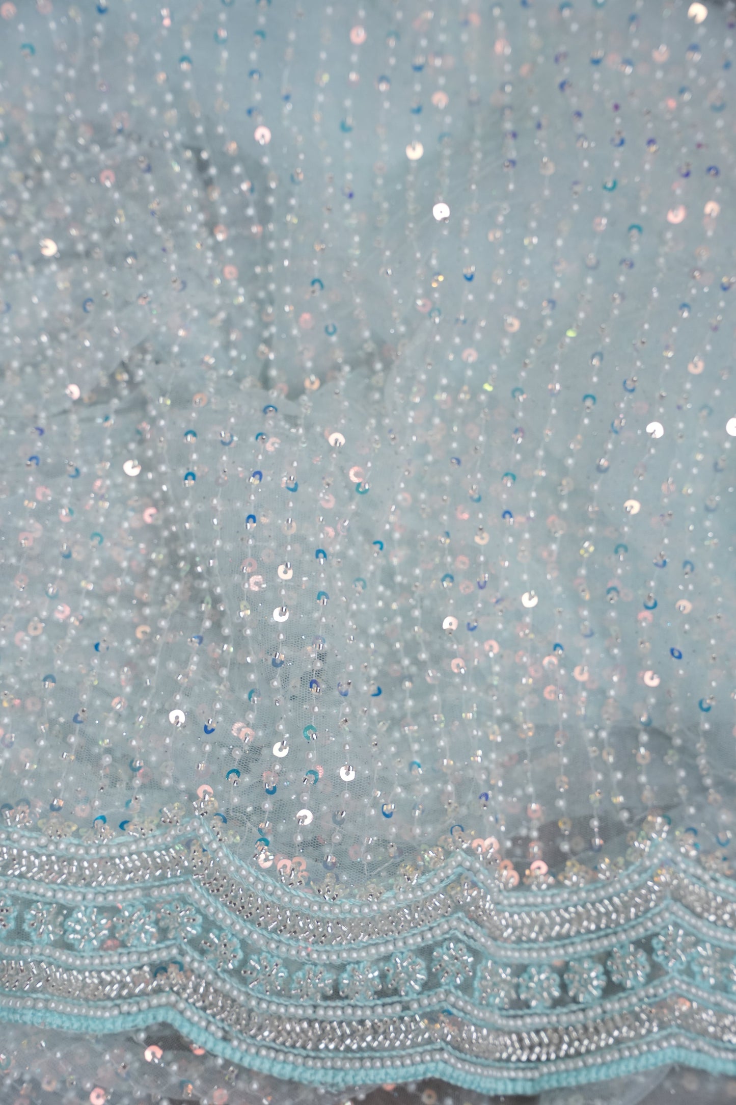 Party Wear Saree with All-Over Bead & Sequin Embellishments - Ice Blue