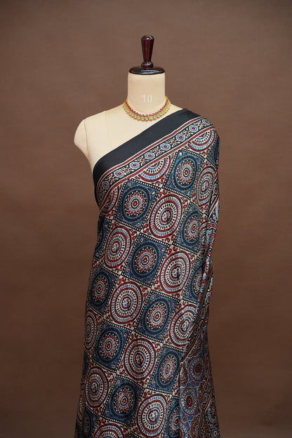 Pure Modal Silk Saree with Authentic Ajrakh Prints – Black