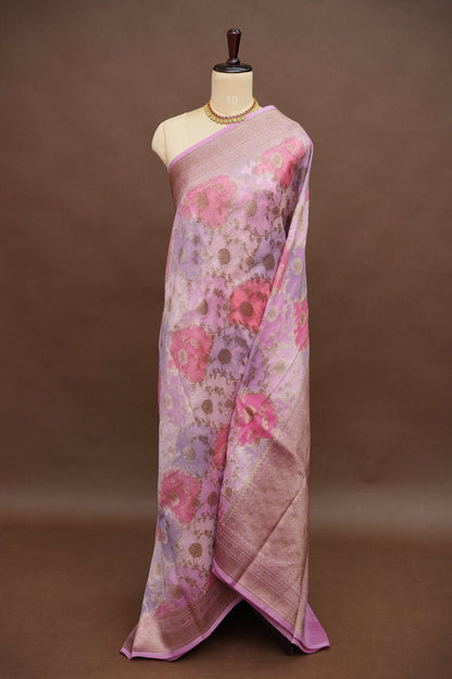 Pure Kora Banarasi Silk Saree in Blush Pink with Floral Jaal Weaving