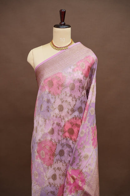 Pure Kora Banarasi Silk Saree in Blush Pink with Floral Jaal Weaving