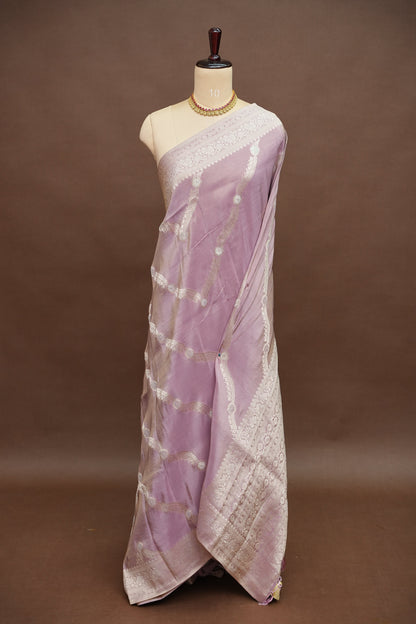Mellow Tissue Banarasi Silk Saree in Soft Pink with Antique Silver Zari.