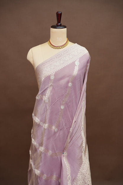 Mellow Tissue Banarasi Silk Saree in Soft Pink with Antique Silver Zari.
