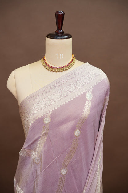 Mellow Tissue Banarasi Silk Saree in Soft Pink with Antique Silver Zari.