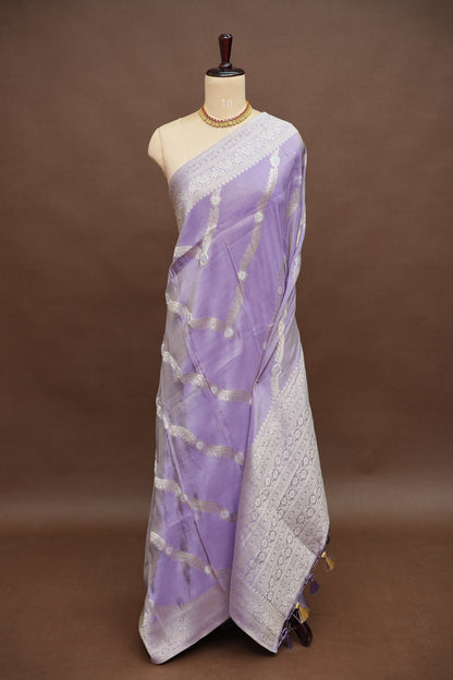 Mellow Tissue Banarasi Silk Saree in Lavender Mist with Silver Zari Floral Vines