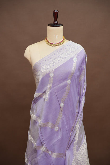 Mellow Tissue Banarasi Silk Saree in Lavender Mist with Silver Zari Floral Vines