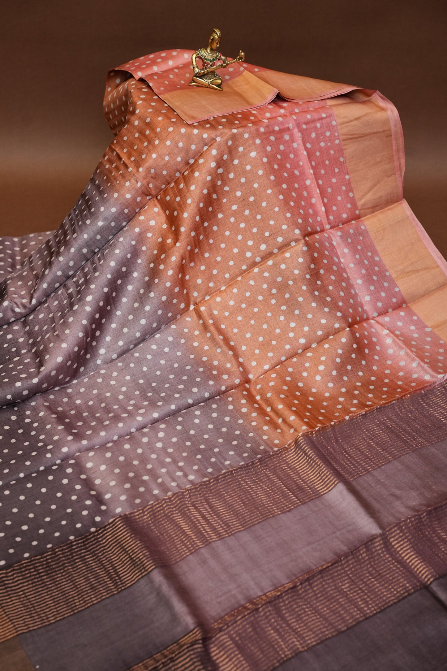 Geometric Patterned Pure Tussar Silk Saree-Multitoned|Silk Mark Certificate