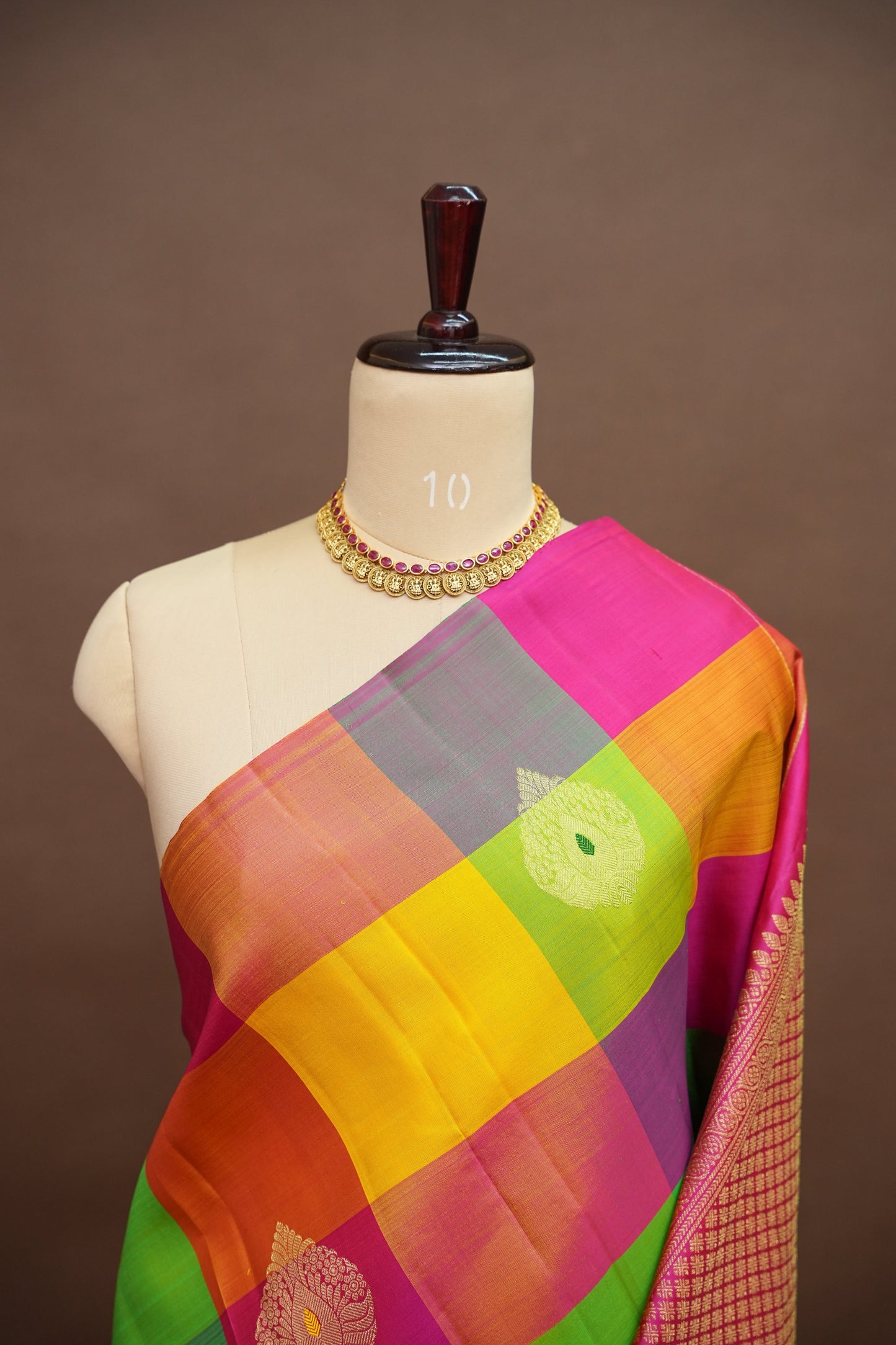PURE KANCHIPURAM SILK PALLAM PALUM KATTAM SAREE – MULTICOLOUR CHECKS WITH PINK PALLU | SILK MARK CERTIFIED