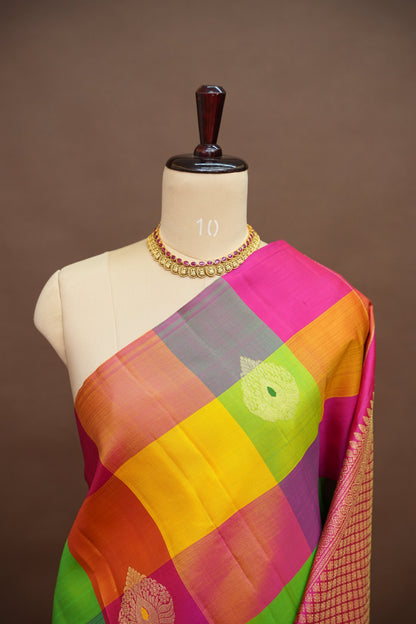 PURE KANCHIPURAM SILK PALLAM PALUM KATTAM SAREE – MULTICOLOUR CHECKS WITH PINK PALLU | SILK MARK CERTIFIED