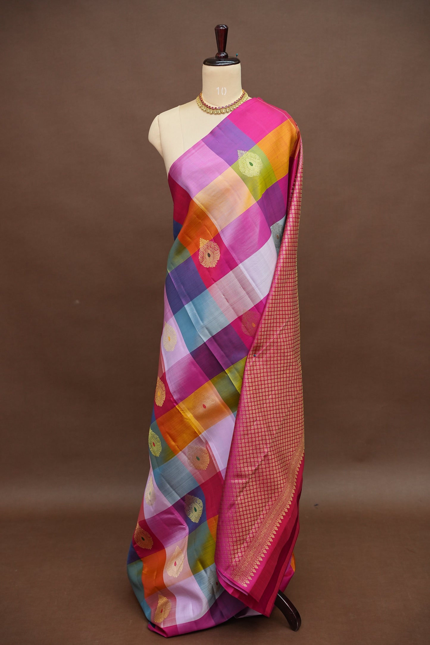 PURE KANCHIPURAM SILK PALLAM PALUM KATTAM SAREE – MULTICOLOUR CHECKS WITH PINK PALLU | SILK MARK CERTIFIED