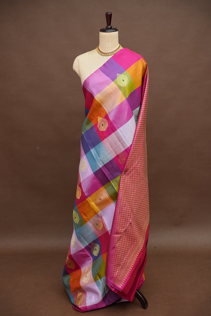 PURE KANCHIPURAM SILK PALLAM PALUM KATTAM SAREE – MULTICOLOUR CHECKS WITH PINK PALLU | SILK MARK CERTIFIED