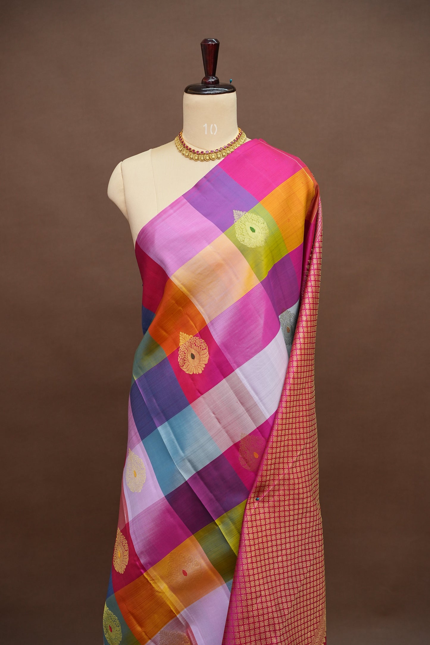 PURE KANCHIPURAM SILK PALLAM PALUM KATTAM SAREE – MULTICOLOUR CHECKS WITH PINK PALLU | SILK MARK CERTIFIED