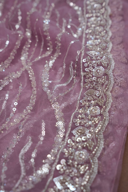 Party Wear Saree with Silver Bead & Sequin Embroidery - Blush Pink