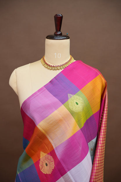 PURE KANCHIPURAM SILK PALLAM PALUM KATTAM SAREE – MULTICOLOUR CHECKS WITH PINK PALLU | SILK MARK CERTIFIED