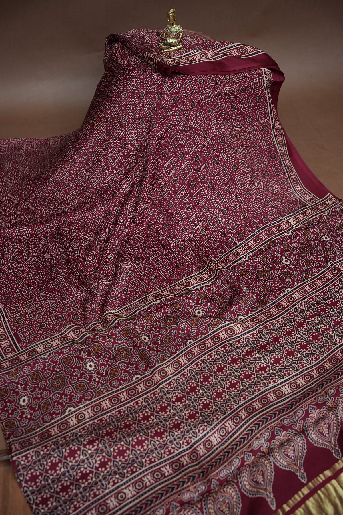 Pure Modal Silk Saree in Maroon with Bandhej-Inspired Ajrakh Print Pallu