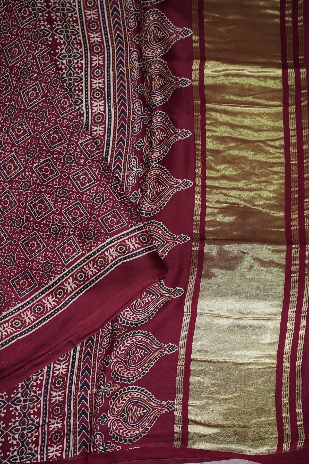 Pure Modal Silk Saree in Maroon with Bandhej-Inspired Ajrakh Print Pallu