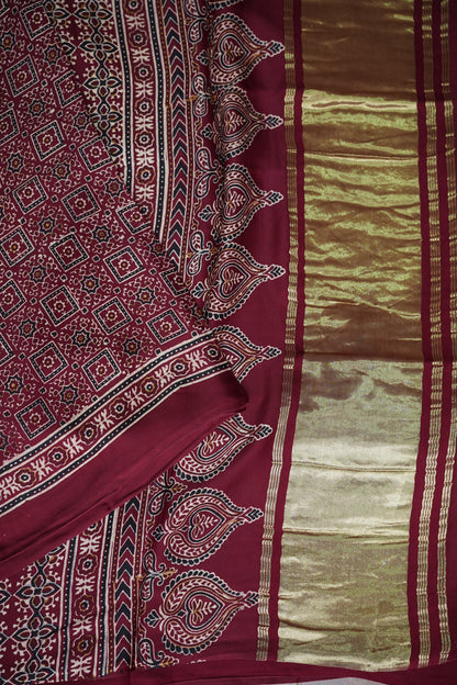 Pure Modal Silk Saree in Maroon with Bandhej-Inspired Ajrakh Print Pallu
