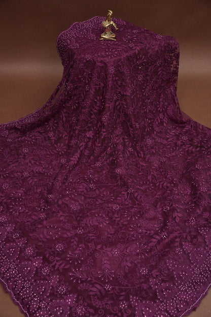 Party Wear Net Saree with Self-Tone Floral Embroidery - Deep Wine