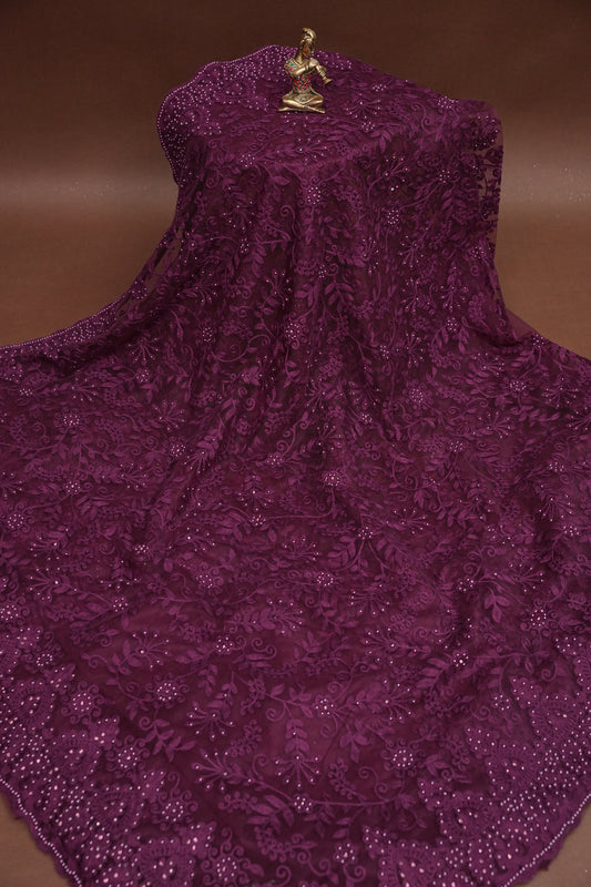 Party Wear Net Saree with Self-Tone Floral Embroidery - Deep Wine