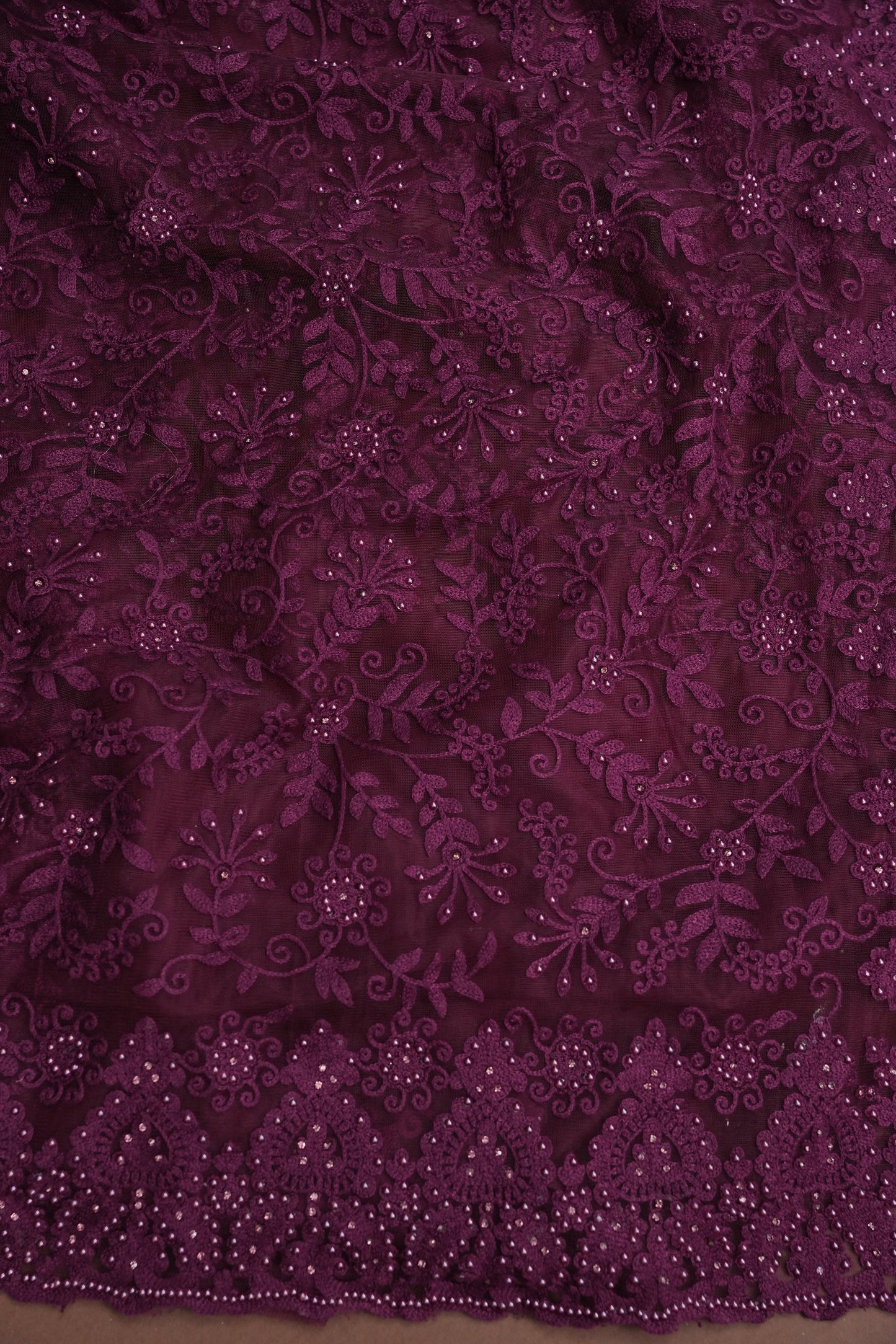 Party Wear Net Saree with Self-Tone Floral Embroidery - Deep Wine