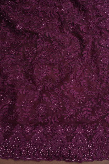 Party Wear Net Saree with Self-Tone Floral Embroidery - Deep Wine