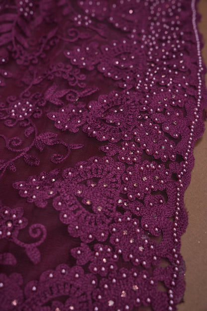 Party Wear Net Saree with Self-Tone Floral Embroidery - Deep Wine
