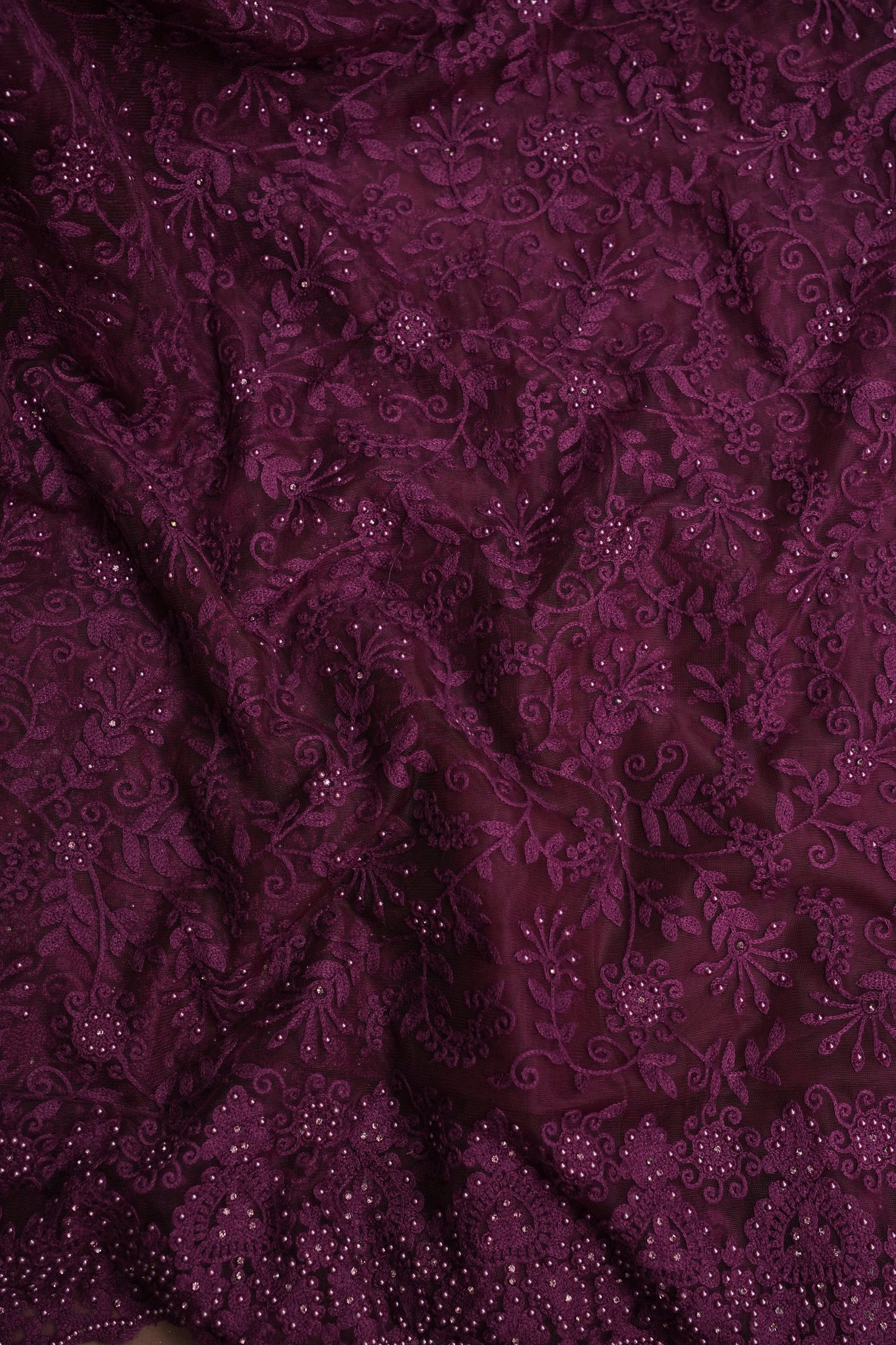 Party Wear Net Saree with Self-Tone Floral Embroidery - Deep Wine