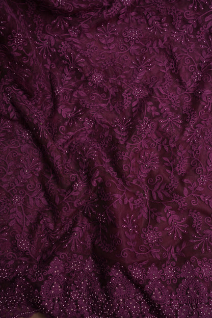 Party Wear Net Saree with Self-Tone Floral Embroidery - Deep Wine