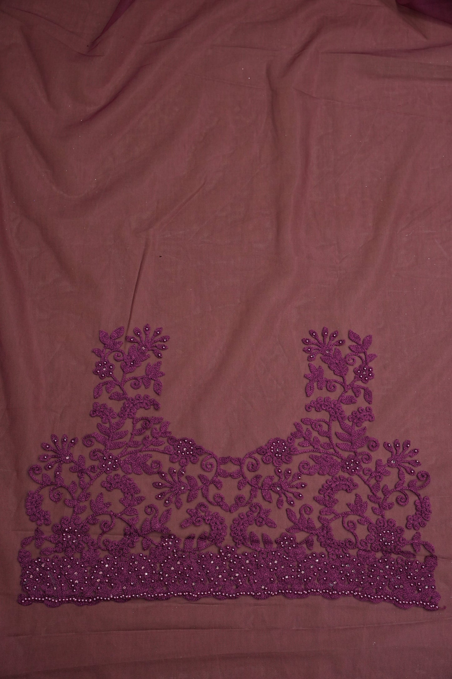 Party Wear Net Saree with Self-Tone Floral Embroidery - Deep Wine