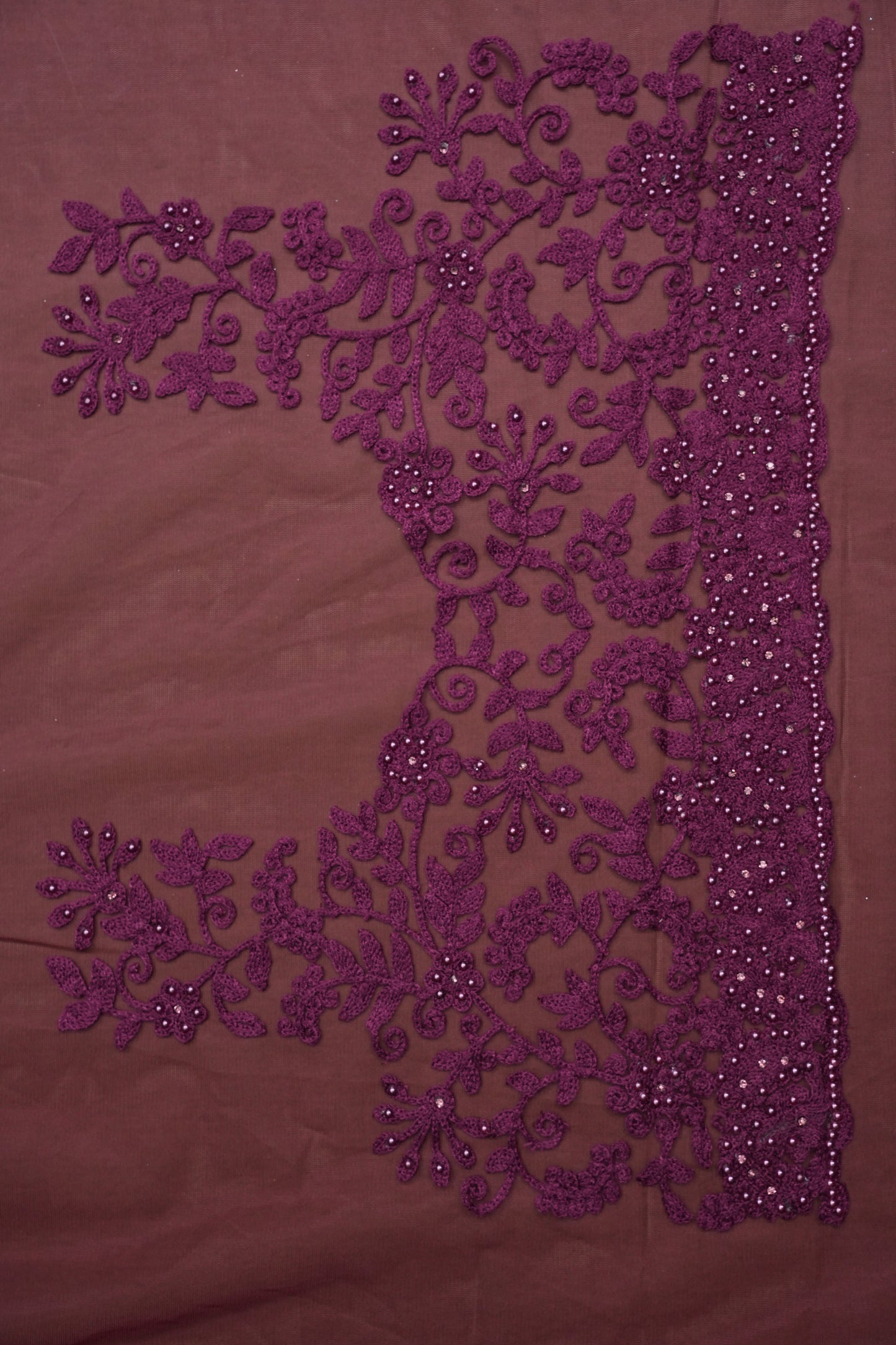 Party Wear Net Saree with Self-Tone Floral Embroidery - Deep Wine