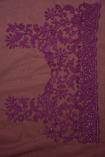 Party Wear Net Saree with Self-Tone Floral Embroidery - Deep Wine