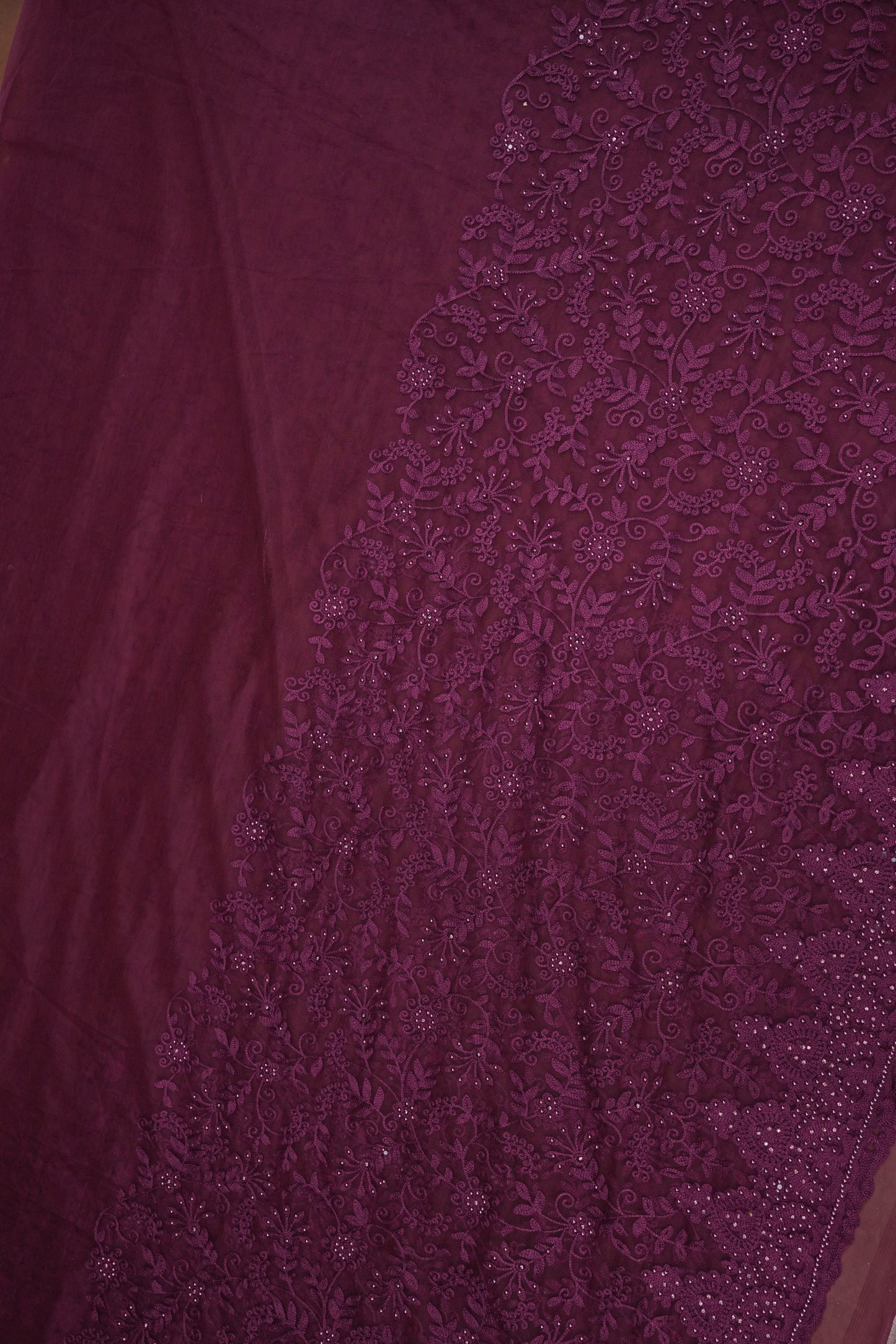 Party Wear Net Saree with Self-Tone Floral Embroidery - Deep Wine