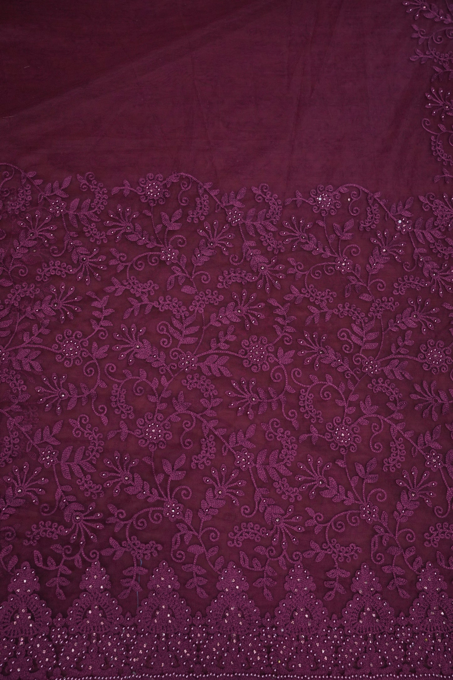 Party Wear Net Saree with Self-Tone Floral Embroidery - Deep Wine