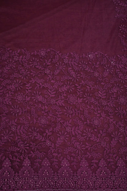 Party Wear Net Saree with Self-Tone Floral Embroidery - Deep Wine