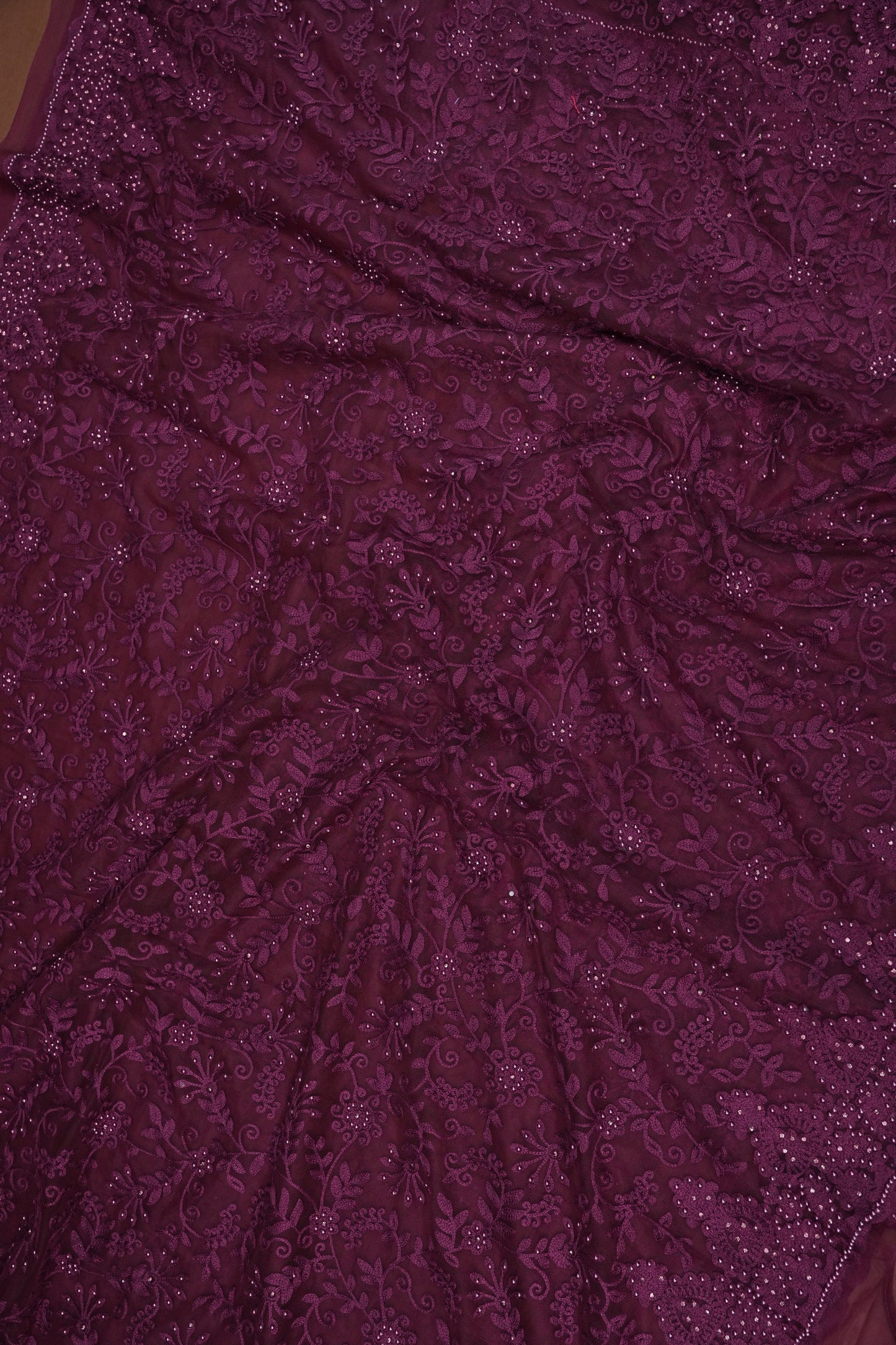 Party Wear Net Saree with Self-Tone Floral Embroidery - Deep Wine
