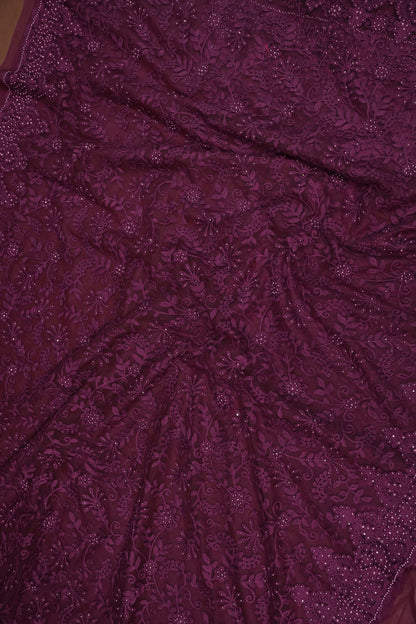 Party Wear Net Saree with Self-Tone Floral Embroidery - Deep Wine