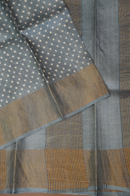 Geometric Patterned Pure Tussar Silk Saree-Grey|Silk Mark Certificate