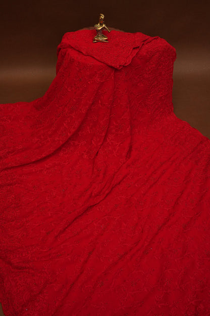 Party Wear Georgette Saree with Tone-on-Tone Embroidery - Scarlet Red