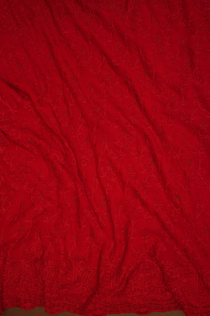 Party Wear Georgette Saree with Tone-on-Tone Embroidery - Scarlet Red